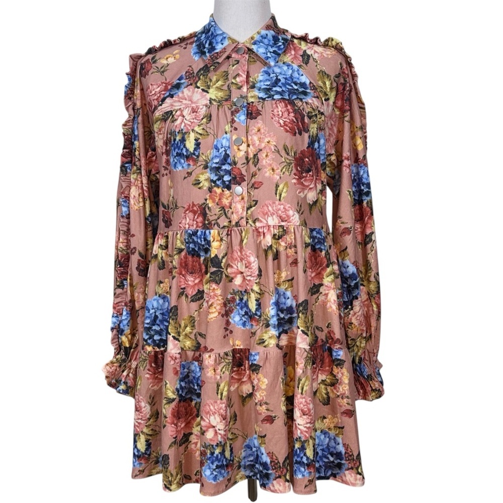 Fantastic Fawn Floral Dress Small Pink Blue Boho Prairie Ruffle Sleeve Tiered Sm